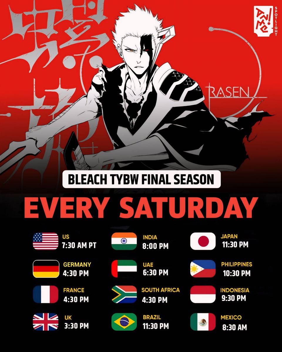AnimeSpotlightt's tweet photo. 🚨 BLEACH: Thousand-Year Blood War – Part 4: THE CALAMITY premieres Tomorrow! ⚔️🔥

🇺🇸 US (PT): 7:30 AM
🇯🇵 Japan: 11:30 PM

New episodes will air every Saturday. https://t.co/rDwrUS27x0
