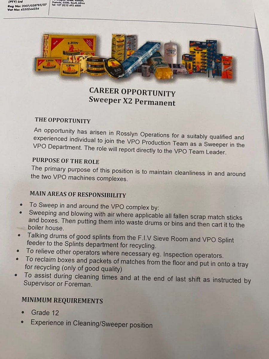 ThabangMabulan_'s tweet photo. Lion Match is hiring!

Use the Rosslynhr@lionmatch.co.za email

Location: Rosslyn, Pretoria

Closing Date: 31 July 2026

Opportunities With Thabang WhatsApp Channel:
https://t.co/9ezH380OXJ

Good Luck!
#OpportunitiesWithThabang https://t.co/Rm4Tf8WCkG