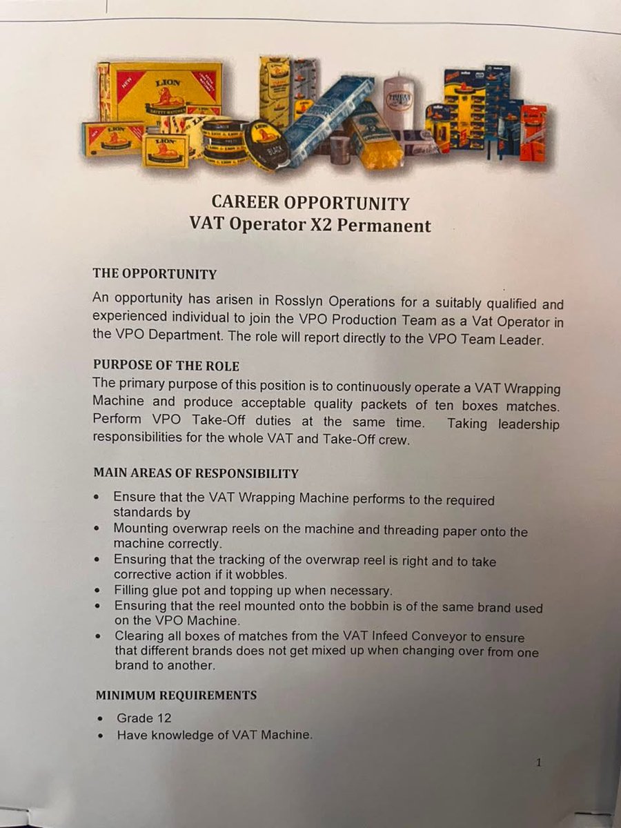 ThabangMabulan_'s tweet photo. Lion Match is hiring!

Use the Rosslynhr@lionmatch.co.za email

Location: Rosslyn, Pretoria

Closing Date: 31 July 2026

Opportunities With Thabang WhatsApp Channel:
https://t.co/9ezH380OXJ

Good Luck!
#OpportunitiesWithThabang https://t.co/Rm4Tf8WCkG