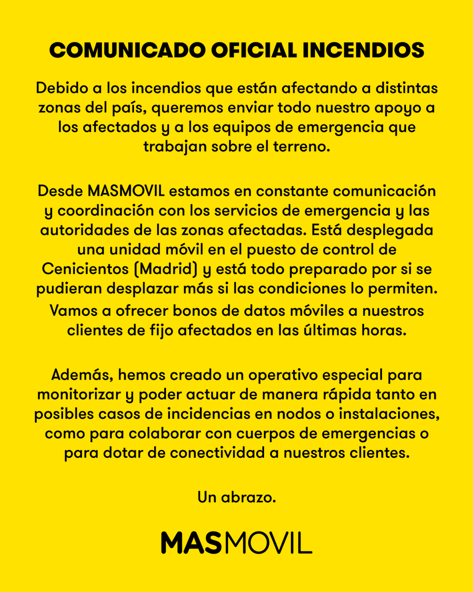 masmovil's tweet photo. 🟡 INFORMACIÓN INCENDIOS 🟡
 
Trasladamos nuestro apoyo a las personas afectadas por los incendios.
 
Desplegamos una unidad móvil en el puesto de control de Cenicientos y ofrecemos bonos de datos móviles a nuestros clientes de fijo para comunicarse con sus familiares. https://t.co/JzaWK1vOxo