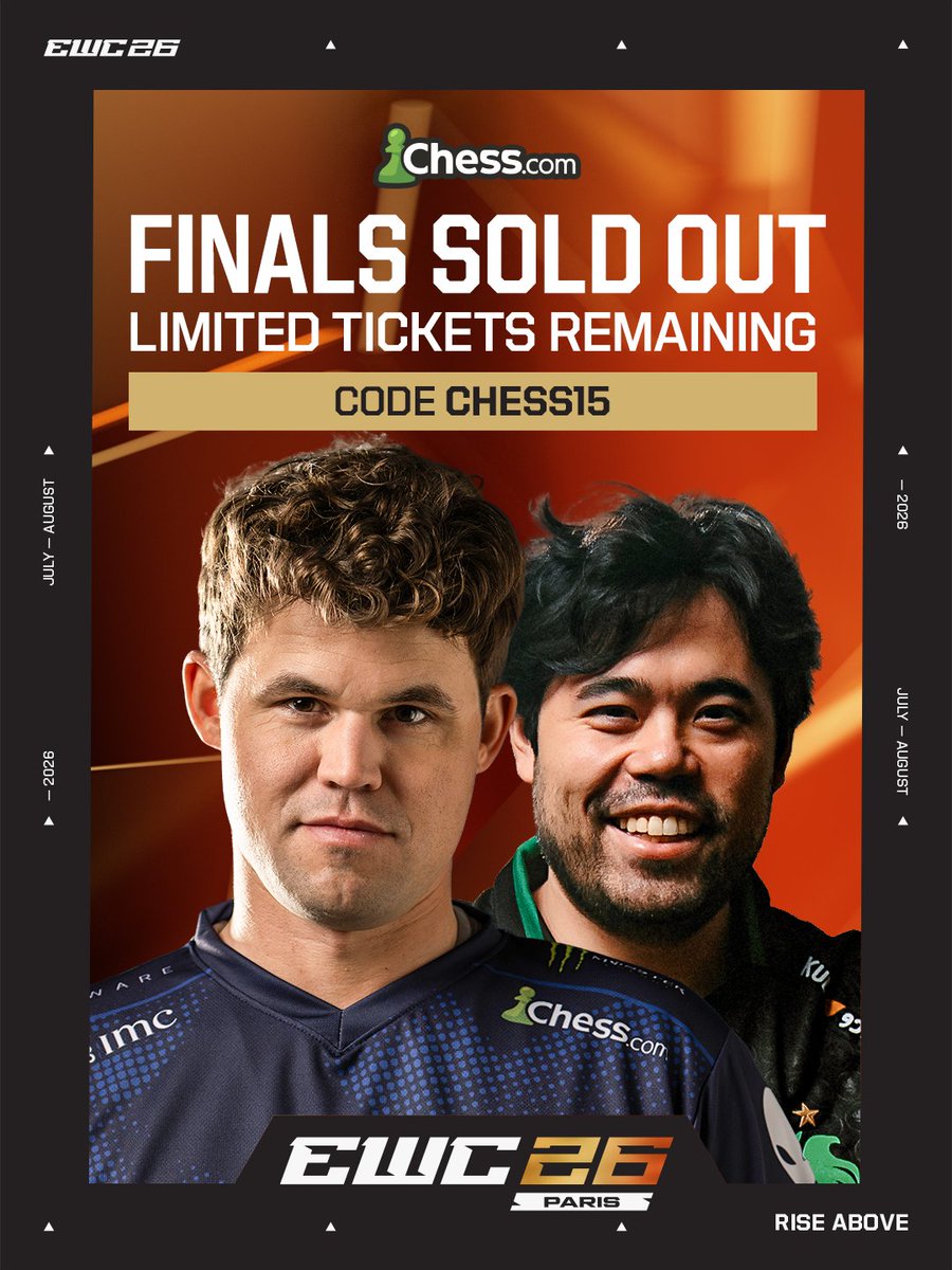 chesscom's tweet photo. Watch Magnus, Hikaru, and more at the Esports World Cup in Paris 🌍

Grand Finals are SOLD OUT, so don’t miss the limited remaining tickets! #EWC