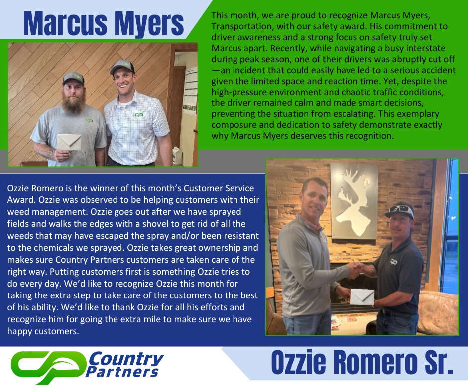 CountryPartner's tweet photo. Please join us in celebrating Marcus Myers &amp; Ozzie Romero Sr. for their outstanding contributions! Your focus on safety, and dedication to going the extra mile help make our team stronger. We appreciate everything you do for our cooperative and the customers we serve. https://t.co/eFF8COErXJ