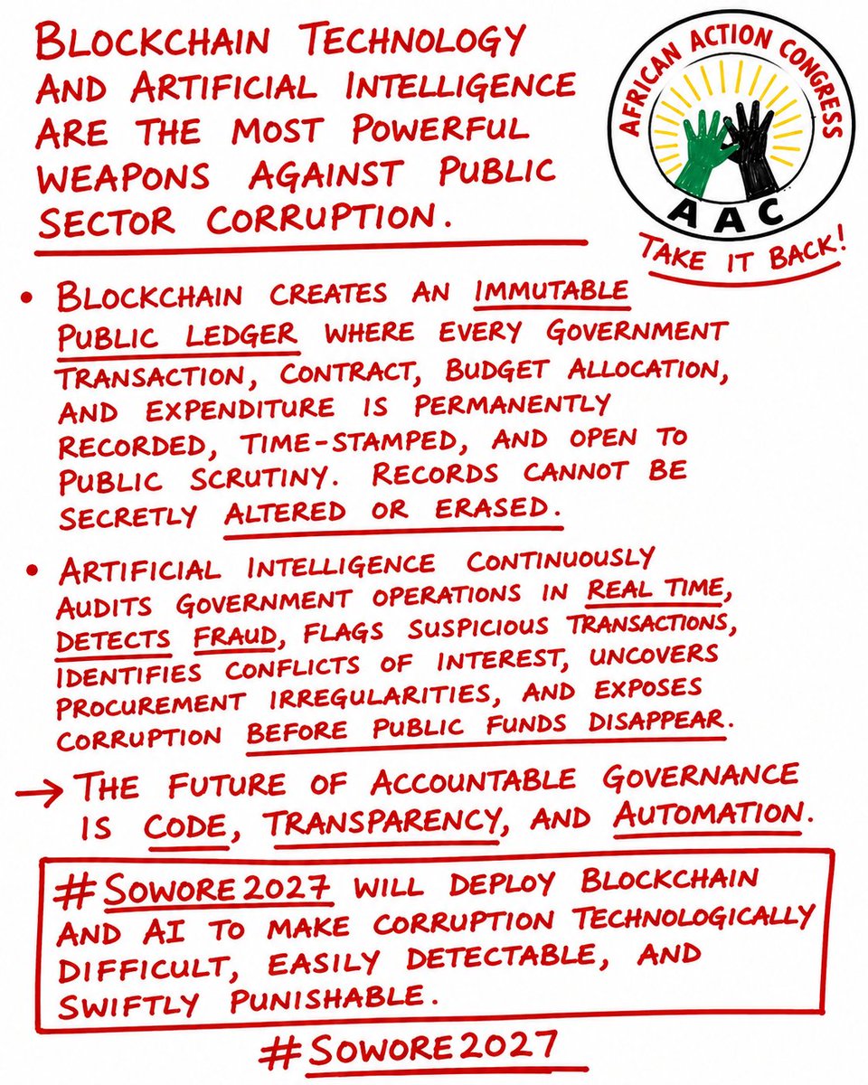 sowore's tweet photo. ENDING PUBLIC SECTOR CORRUPTION! 

Blockchain Technology and Artificial Intelligence are the most powerful weapons against public sector corruption.

Blockchain creates an immutable public ledger where every government transaction, contract, budget allocation, and expenditure is permanently recorded, time-stamped, and open to public scrutiny. Records cannot be secretly altered or erased.

Artificial Intelligence continuously audits government operations in real time, detecting fraud, flagging suspicious transactions, identifying conflicts of interest, uncovering procurement irregularities, and exposing corruption before public funds disappear.

The future of accountable governance is code, transparency, and automation.

#Sowore2027 will deploy Blockchain and AI to make corruption technologically difficult, easily detectable, and swiftly punishable.

With AI as "Minister of Finance," we will no longer need bloated bureaucracies, endless convoys, handwritten receipts, paper ledgers that can be altered, or wasteful seminars that increase overhead, slow decision-making, and fuel systemic corruption. The government will become leaner, faster, transparent, and accountable.

Our goal is not bureaucracy; it is to rapidly improve Nigerians' quality of life through technology-driven governance.

#Sowore2027
