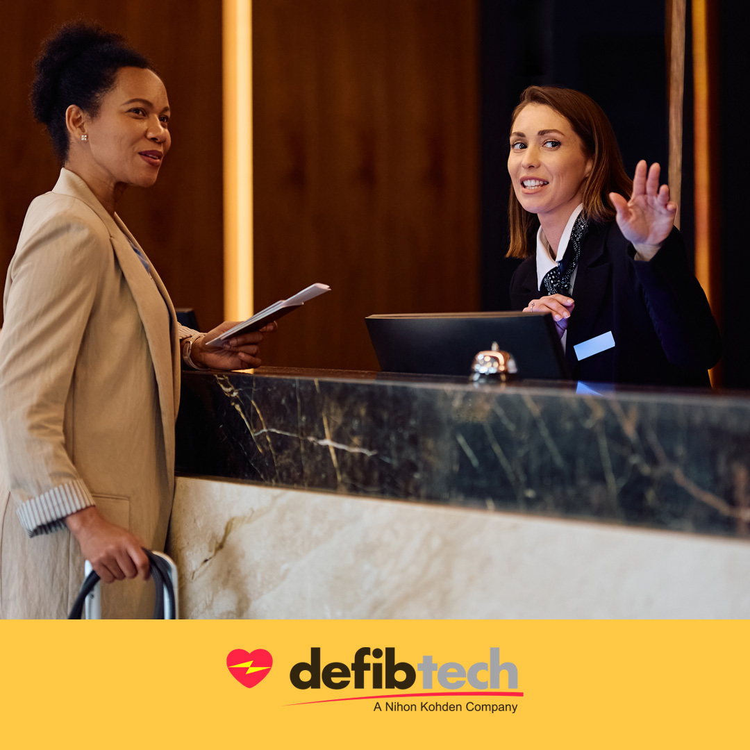 DefibtechLLC's tweet photo. Checking into a hotel this summer? Take a moment to find out where the AEDs are located. They may be near the front desk, elevators, common areas, or pool. 🧳🛎️

Not sure where to look? Ask a staff member. A little preparation can help you relax and enjoy your stay! https://t.co/Gmj2wI3weF