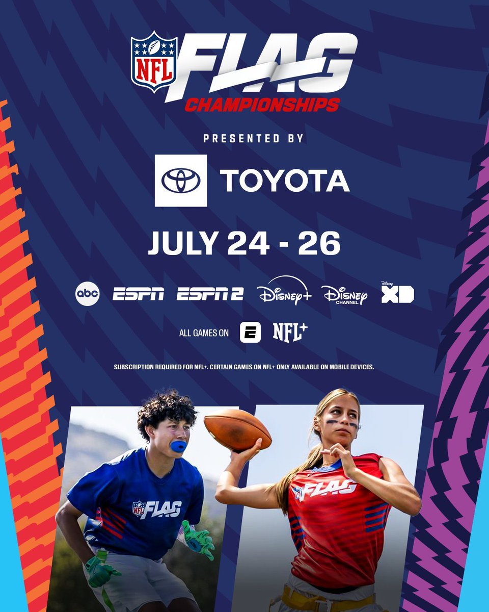 NFL's tweet photo. The third annual Flag Championships kicks off TODAY 🏈

2026 @NFLFLAG Championships -- July 24-26 on ESPN/NFLN
https://t.co/u9u8C2TJ7A to find a league near you https://t.co/7mSanHptnO