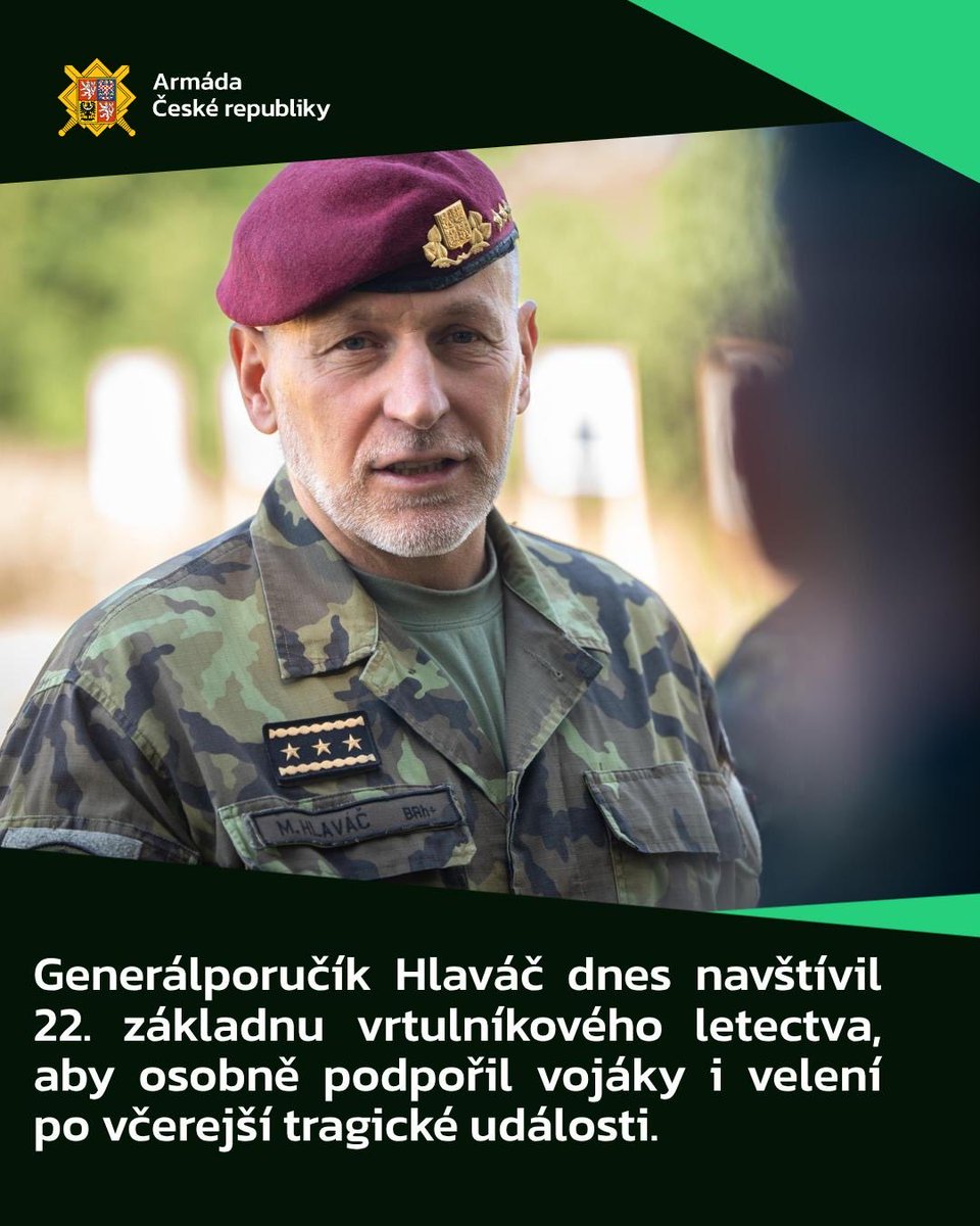 ArmadaCR's tweet photo. „Dnes jsem navštívil 22. základnu vrtulníkového letectva, abych osobně vyjádřil podporu jejímu velení, všem vojákyním a vojákům základny i veliteli Vzdušných sil Armády České republiky.

Chci zdůraznit, že probíhající vyšetřování nemá za cíl hledat viníka. Jeho jediným cílem je zjistit skutečnou příčinu nehody, abychom z ní vyvodili poučení a udělali vše pro to, aby se podobná událost již neopakovala. Chráníme tím to nejcennější, co Armáda České republiky má – životy a zdraví našich vojákyň a vojáků,” uvedl náčelník Generálního štábu Armády České republiky generálporučík Miroslav Hlaváč.