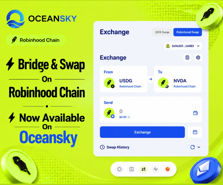 OceanSkyio's tweet photo. Bridge & Swap on @RobinhoodCrypto  Chain is now LIVE on OceanSky !
Seamlessly bridge your assets and swap tokens on Robinhood Chain through the OceanSky DEX fast, secure, and easy to use.

 Why choose OceanSky?

✅Fast Transactions
✅ Secure Bridging
✅ Smooth Token Swaps
✅ Simple & User-Friendly Interface
Whether you're transferring assets across chains or swapping tokens, OceanSky delivers a seamless DeFi experience.
Start Bridging & Swapping Today:
🔗 https://t.co/27VvOLPIEE

#RobinhoodChain #Base #oceansky