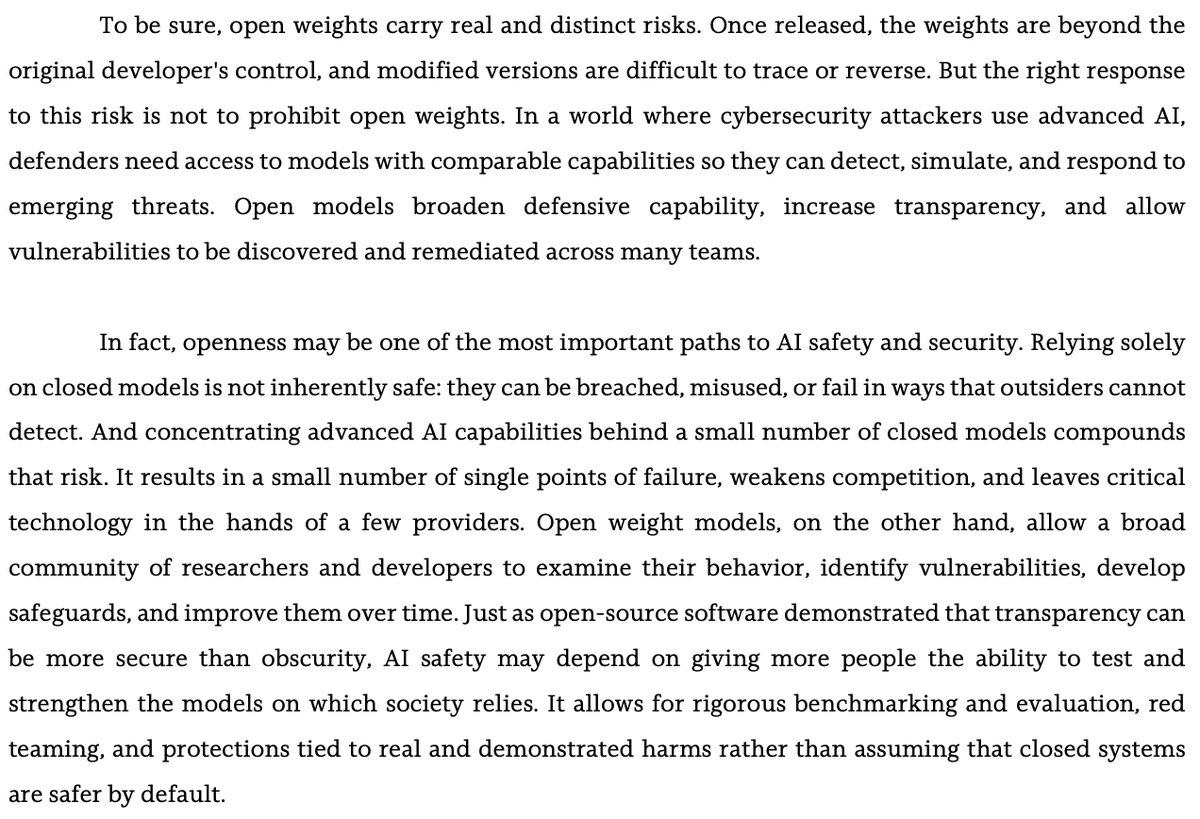 LuizaJarovsky's tweet photo. I've recently changed my views and now think open-source AI is the safest path in the long run.

Also, if the United States wants to remain competitive, it must have top frontier AI developers focused on open-source AI.

This excerpt from the letter signed by Microsoft's @satyanadella, NVIDIA's @JensenHuang, and many others highlights some of the safety arguments in favor of openness in AI.

Full letter below.