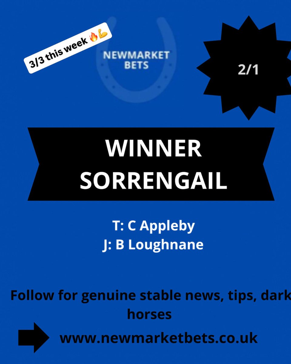 newmarketbets's tweet photo. Another 🏇 #winner for Newmarket Bets members 3 from 3 this week
#sorrengail
2/1 SP
Genuine news from Newmarket #Form & contacts gives Newmarket Bets #theedge
One to go at Ascot today with an each way chance. So 🤞 crossed for a result b4 we move onto the weekend #racing https://t.co/74XGuKQF5w