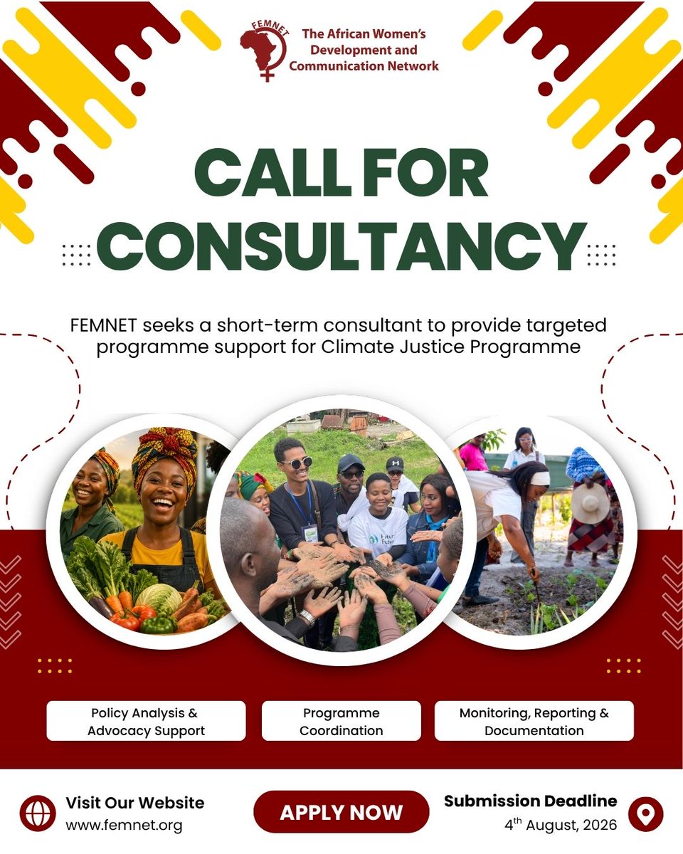 FemnetProg's tweet photo. 🚩We're looking for a passionate and experienced Climate Justice Programme Support Consultant to join FEMNET in advancing feminist climate justice across Africa.

If you're committed to strengthening climate justice programming, supporting advocacy, and contributing to transformative change, we'd love to hear from you.

📅 Application Deadline: 4 August 2026

🔗 Read the full Terms of Reference and apply here: https://t.co/ROcrFhHS6b

Help us spread the word by sharing this opportunity with your networks.

#FeministClimateJustice