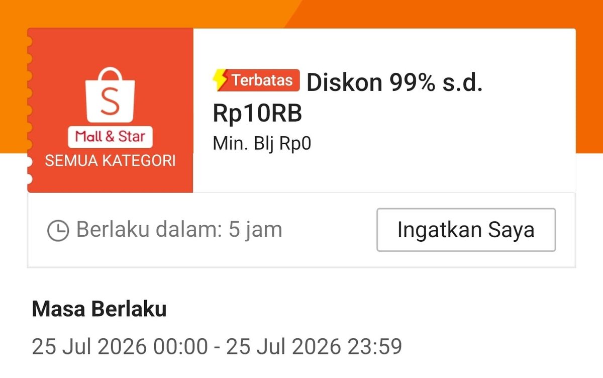 AkulahPara's tweet photo. Voucher Influ Shopee 99% 10rb
🗓 25 Jul
⏰️ 00:00

Kode:
SHPGAJIANKELLYSHIZ8P
SHPGAJIANCBSLANCUL2W
SHPGAJIANI3GUBFBW9N
SHPGAJIANROSIDATUD1K
SHPGAJIANMAKFRIDAC1T

Input kodenya di sini:
https://t.co/T0JsAwOMTY

Diapdet berkala https://t.co/U9JpEpbsCa