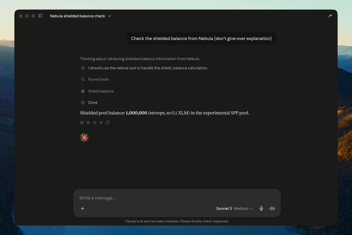 nebulamcp's tweet photo. building the treasury infrastructure for AI agents.

we're working on integrating @StellarOrg's shielded payment primitives into @nebulamcp.

bringing the private treasury management to autonomous agents.

here's the example: https://t.co/Q8T0P8SLUN