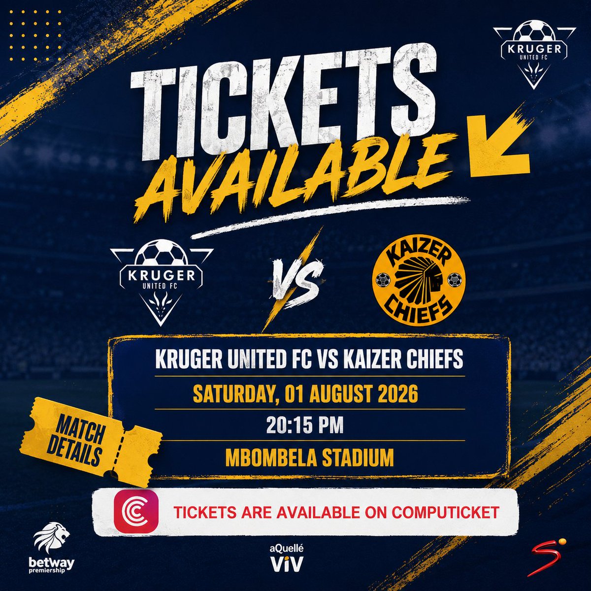 _KrugerUnitedFC's tweet photo. Next Kruger United Match!

🏆#BetwayPrem
⚽️kruger Unitedvs.@KaizerChiefs
👕First Team 
🗓️Saturday 01 August 2026
🏟Mbombela Stadium
🕞20:15h00
🎟R100Adult,R80children Computicket

Link below:

Link below:
https://t.co/Phi7lSd3J6…

#UptheVillageboys #krugerNation #BetwayPrem https://t.co/rKUzIJGeml