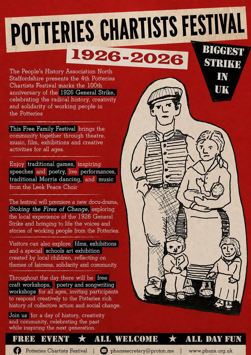 PHANS_Festival's tweet photo. 100 years on, the spirit of solidarity lives on. ✊
Join us at the 4th Potteries Chartists Festival to commemorate the 1926 General Strike with music, theatre, film, poetry, exhibitions &amp; workshops 
📆 Sun 16 Aug  11–4 Market Place, Burslem
FREE • ALL WELCOME https://t.co/UZuVA9eNIr