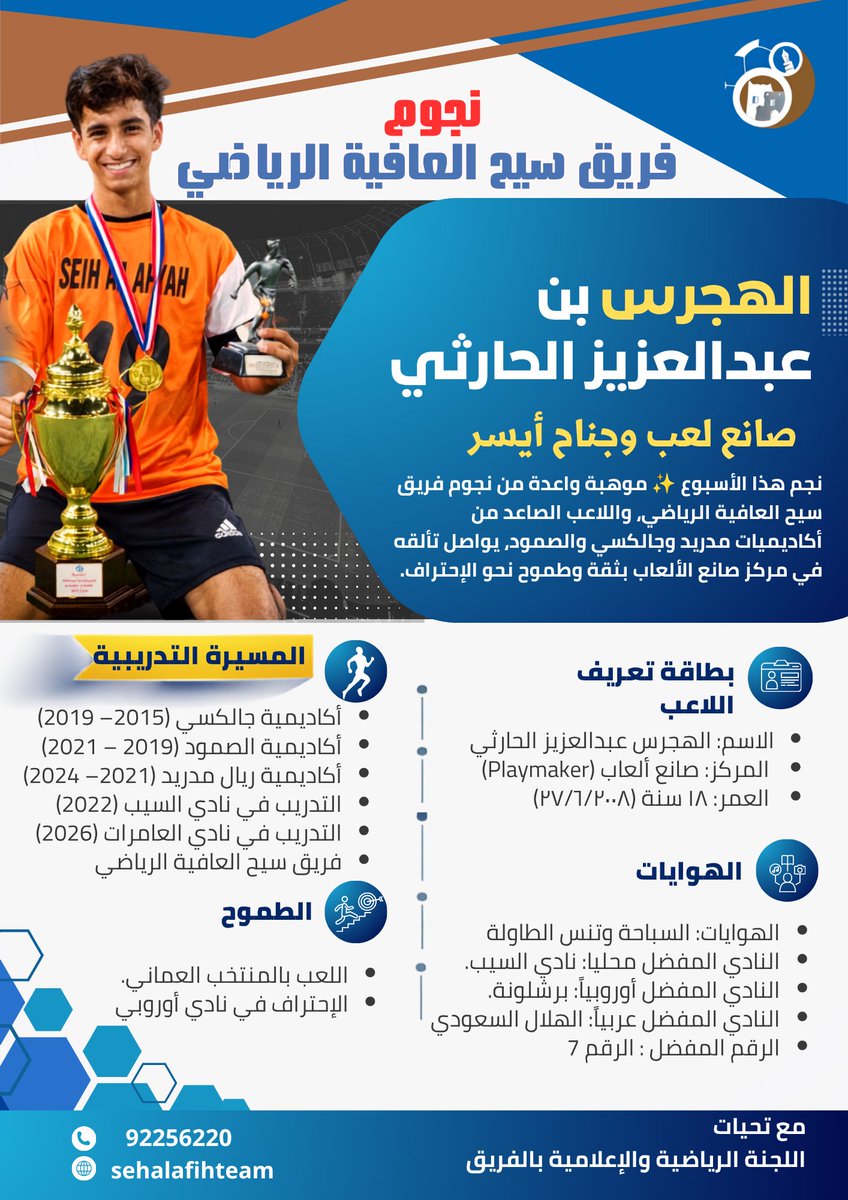 sehalafiahteam's tweet photo. #نجوم_الفريق 
نجم فريق سيح العافية الرياضي الثقافي لهذا الأسبوع هو الهجرس بن عبدالعزيز الحارثي أحد أبرز المواهب الواعدة والصاعدة في الفريق وصاحب حضور فني متميز داخل الملعب وخارجه.
#فريق_سيح_العافية_الرياضي 
#ولاية_إبراء 
#قرية_سيح_العافية https://t.co/t0MnoFNRuY