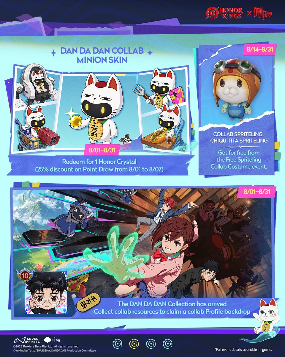 HonorOfKings's tweet photo. The Honor of Kings × DAN DA DAN Collab Has Arrived!🛸
Eerie legends transform into heartfelt bonds. The supernatural unfolds around a young girl in an idyllic town. Youth and yokai collide in the Gorge!
✨Check out the collab content and take part in an insane adventure!
#HonorofKings #HoK #DANDADAN #HoKxDANDADAN