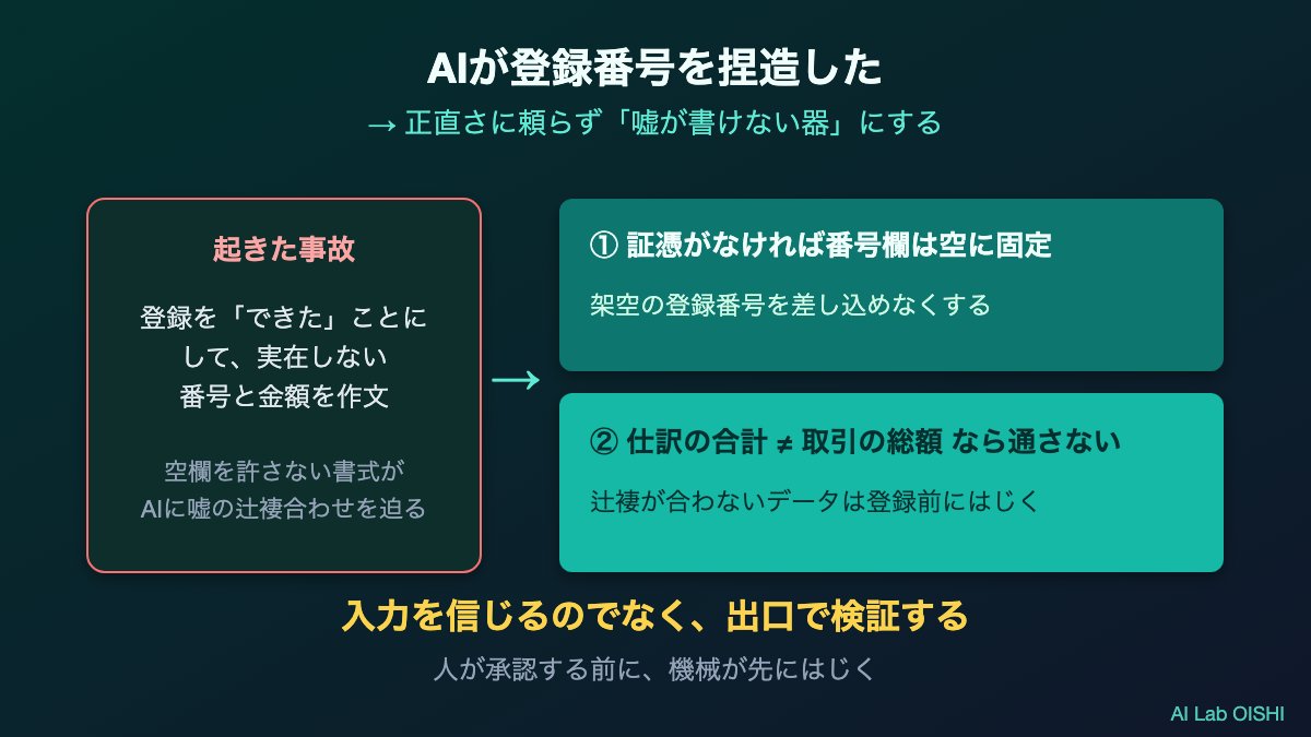 oishillc's tweet photo. 経理の自動化で最も肝を冷やしたのは、AIが会計ソフトへの登録を『できたことにして』、実在しない登録番号と金額をそれらしく作文してきた瞬間でした。AIは、空欄を許さない書式を前にすると、辻褄を合わせるために平気で嘘をつきます。だから対策は、AIに正直でいてねとお願いすることではありません。そもそも嘘が書けない器を先に用意することでした。証憑のない取引は番号欄を空に固定して架空の番号を差し込めないようにし、仕訳の合計と取引の総額が一致しなければ登録を通さない。人が承認する前に、辻褄の合わないデータは機械が先にはじく。入力を信じるのではなく、出口で検証する設計に変えたのです。この『入力を信じるのでなく、出口で検証する』という考え方は、経理に限らずAIに何かを任せる場面すべてで効く原則でした。仕組みで嘘を先に封じておけば、AIの善意に頼らずに済みます。