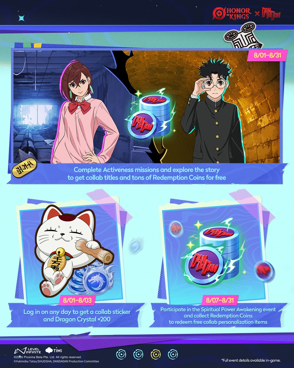 HonorOfKings's tweet photo. The Honor of Kings × DAN DA DAN Collab Has Arrived!🛸
Eerie legends transform into heartfelt bonds. The supernatural unfolds around a young girl in an idyllic town. Youth and yokai collide in the Gorge!
✨Check out the collab content and take part in an insane adventure!
#HonorofKings #HoK #DANDADAN #HoKxDANDADAN