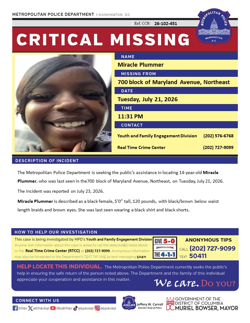 DCPoliceDept's tweet photo. Critical #MissingPerson 14-year-old Miracle Plummer, who was last seen in the 700 block of Maryland Avenue, Northeast, on Tuesday, July 21, 2026.

The incident was reported on July 23, 2026.

Have info? Call (202) 727-9099 / text 50411 https://t.co/8QN02rUyV5