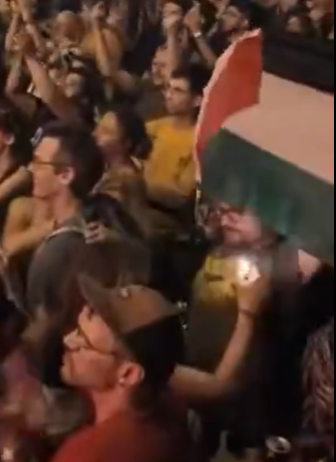 PhilouDouDou34's tweet photo. Sur la vidéo je ne vois aucun jet d'objet sur la scène ni sur l'artiste. Ce que je vois par contre c'est quelqu'un qui essaie de foutre le feu à un drapeau palestinien. Mais ça personne n'en parle… https://t.co/d5FDg3G1Mf