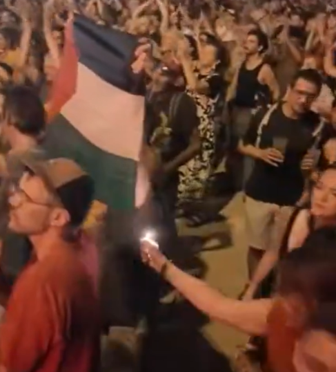 PhilouDouDou34's tweet photo. Sur la vidéo je ne vois aucun jet d'objet sur la scène ni sur l'artiste. Ce que je vois par contre c'est quelqu'un qui essaie de foutre le feu à un drapeau palestinien. Mais ça personne n'en parle… https://t.co/d5FDg3G1Mf