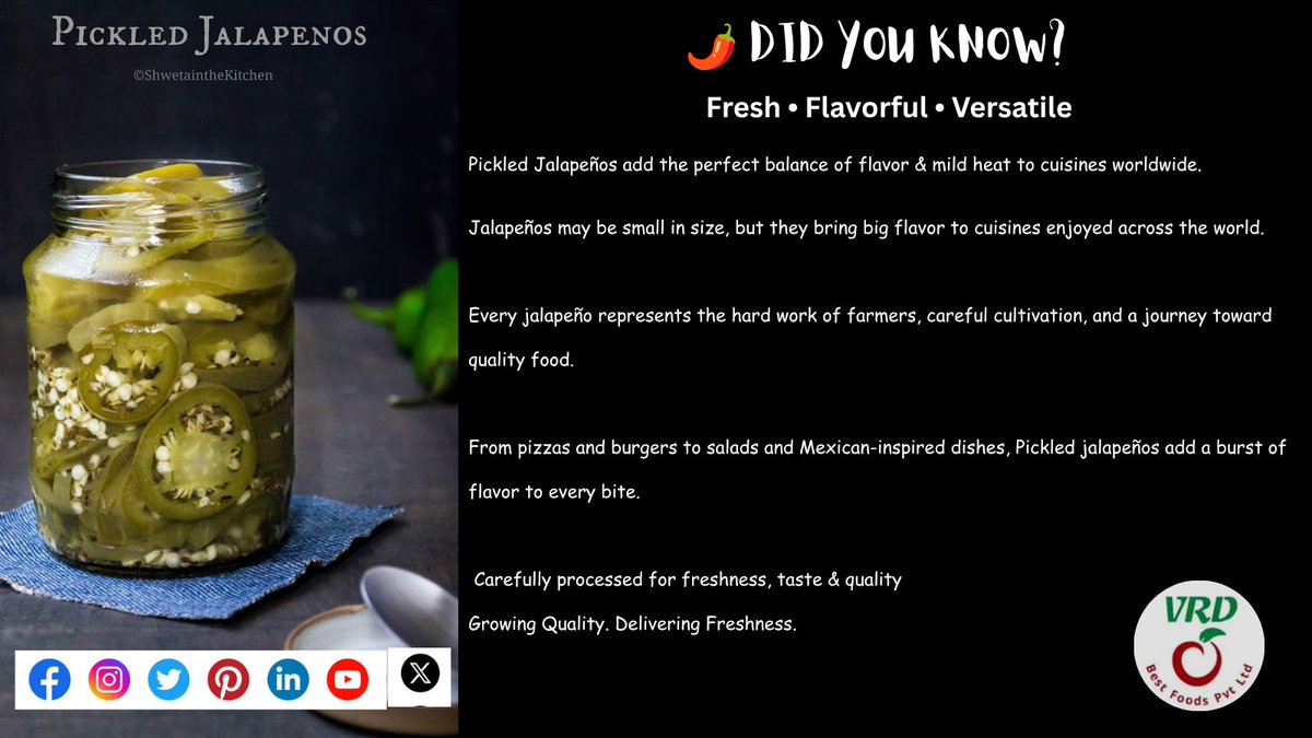 vrdharmendra's tweet photo. Turn every bite into something extraordinary! 

Our Pickled Jalapeños bring the perfect mix of tangy flavor and mild heat to burgers, pizzas, tacos, sandwiches &amp; more.
#VRDBestFoods
#PickledJalapenos #SpicyFood #Foodie #Burger #Pizza #FreshFood #FoodProducts #VRDBestFoods https://t.co/dSAc8ywS70
