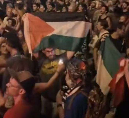 PhilouDouDou34's tweet photo. Sur la vidéo je ne vois aucun jet d'objet sur la scène ni sur l'artiste. Ce que je vois par contre c'est quelqu'un qui essaie de foutre le feu à un drapeau palestinien. Mais ça personne n'en parle… https://t.co/d5FDg3G1Mf