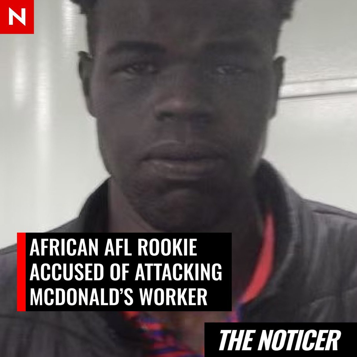 NoticerNews's tweet photo. A Sudanese footballer who was on the verge of AFL stardom is behind bars after being charged with allegedly assaulting a McDonald's worker and robbing a Liquorland, a 7-Eleven and a Kmart. https://t.co/nSiufh5PPc