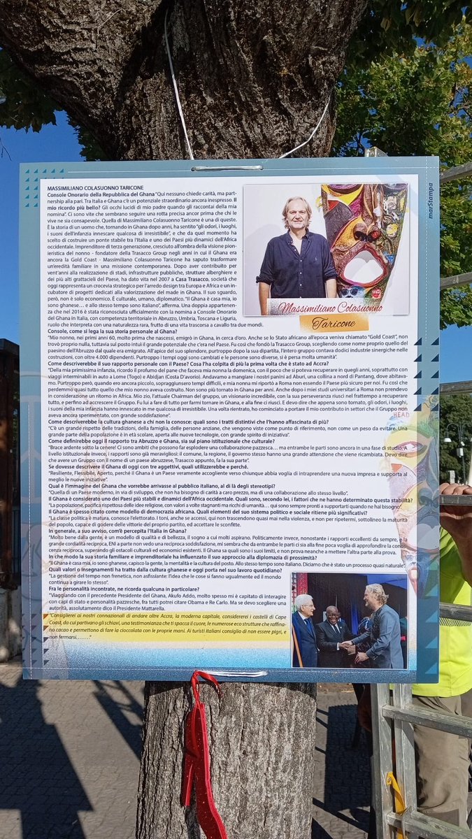 consoleghana's tweet photo. I was recently interviewed by a prestigious news outlet, #GazzettaDiplomatica and the town of Trasacco, the real one in Italy, honored me as a fellow citizen who has brought credit to his roots; I am grateful and proud of this. 
This morning, I was surprised to find my interview displayed on the trees in Trasacco (Italy), allowing visitors to learn my story. 
I am at a loss for words, but I am happy that this has happened.