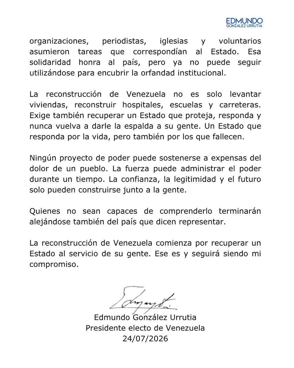 EdmundoGU's tweet photo. Durante este mes, los venezolanos volvieron a sostenerse unos a otros. Siempre solidaridarios. Vecinos, comunidades, organizaciones, periodistas, iglesias y voluntarios asumieron tareas que correspondían al Estado. Esa solidaridad honra al país, pero ya no puede seguir utilizándose para encubrir la orfandad institucional.