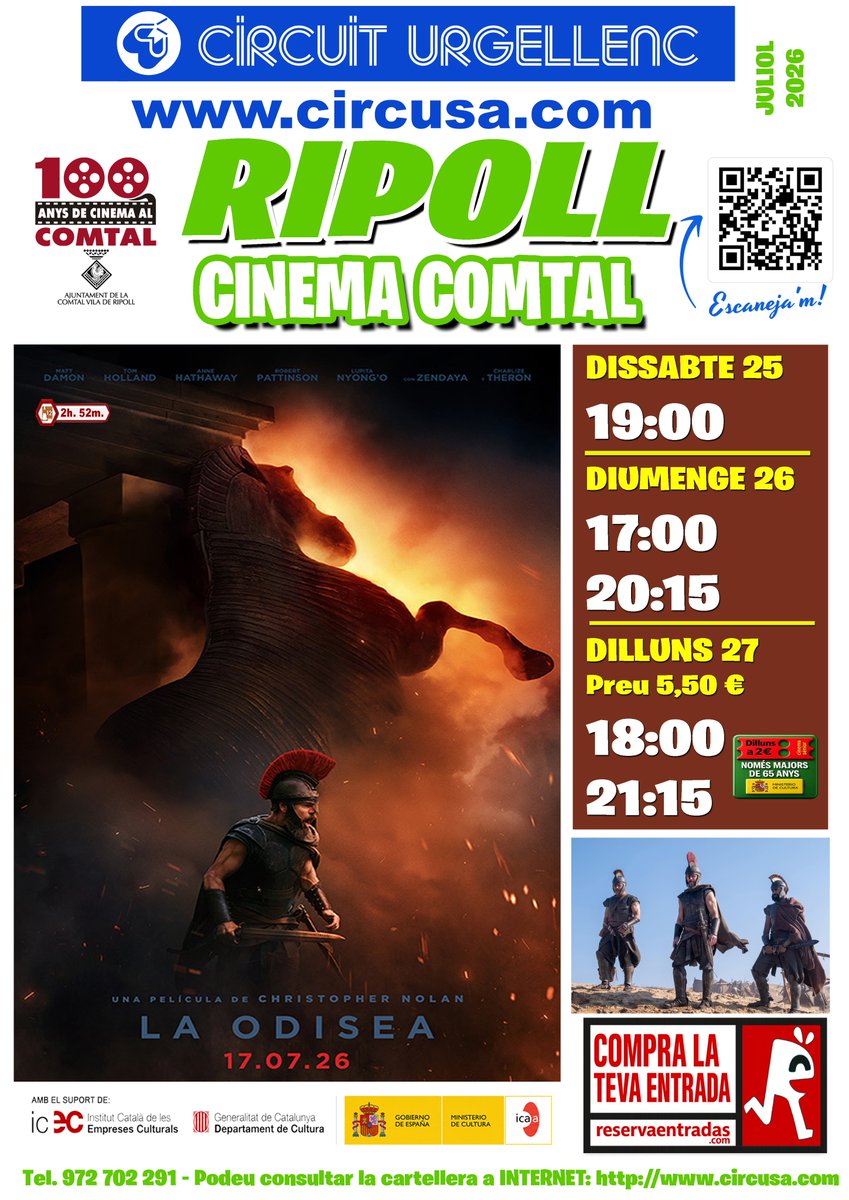Aj_Ripoll's tweet photo. I ❤️ CINE DE POBLE!

🎞️ Aquest cap de setmana, al Cinema Comtal de #Ripoll, 'LA ODISEA', de Christopher Nolan.

👇 Consulteu els horaris de dissabte, diumenge i dilluns al cartell: https://t.co/8bdtUTcsIJ