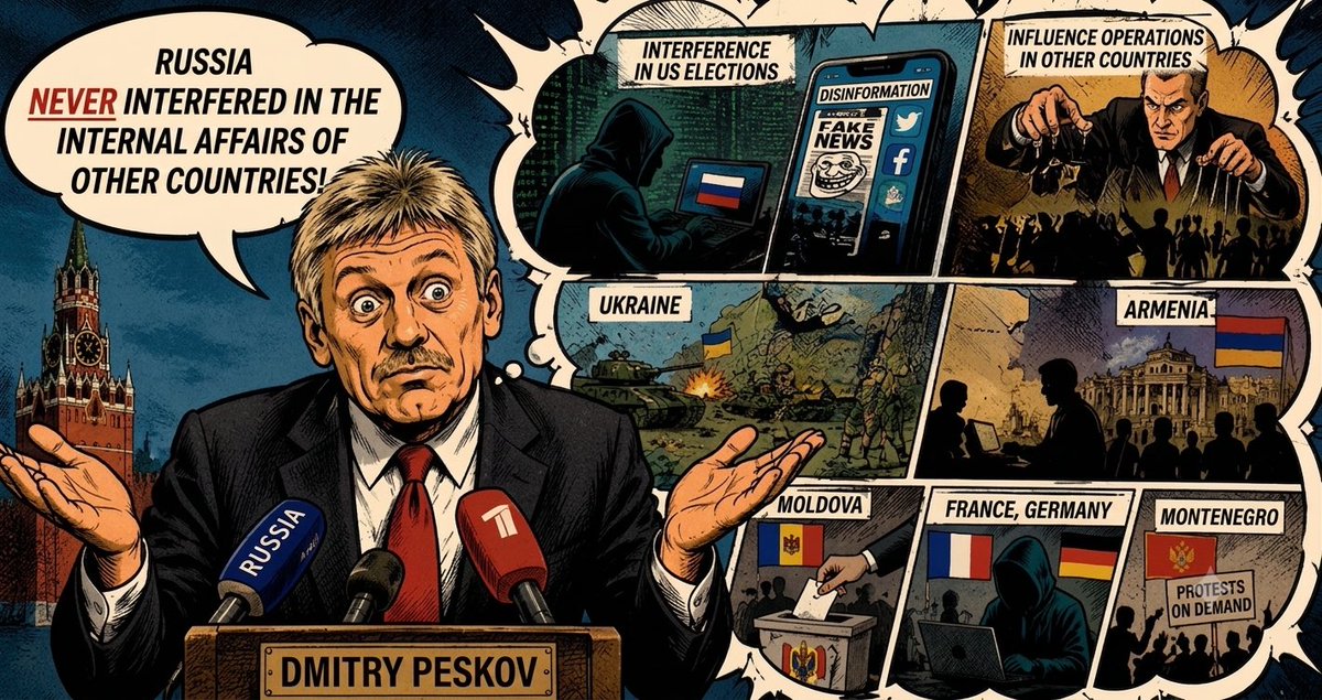 ZenithNews2026's tweet photo. Peskov’s claim that Russia “never interferes” in other countries’ affairs is false

Russian presidential spokesman Dmitry Peskov claimed that Russia “has never interfered in the internal affairs of other countries” and that U.S. investigations found no evidence of Russian meddling in American elections.

This is false.

U.S. intelligence agencies, a bipartisan Senate report, and Special Counsel Robert Mueller’s investigation all concluded that Russia interfered in the 2016 U.S. election through disinformation campaigns, cyberattacks, and the release of stolen materials aimed at influencing the race. 

Mueller found no criminal conspiracy between the Trump campaign and Russia — but he confirmed the interference itself.

The broader claim that Russia “never” interferes also contradicts documented cases in Ukraine, cyber operations targeting France and Germany, the attempted coup in Montenegro, and influence campaigns in Moldova and Armenia.

According to an investigation by The Insider, Russian structures sought to influence Armenia’s parliamentary elections by promoting pro-Russian forces and running information operations against Prime Minister Nikol Pashinyan. Activities linked to the Russian House in Yerevan were also cited.

Verdict: Peskov’s statement is false. It contradicts official U.S. findings and multiple documented cases of Russian interference.

#FactCheck #Russia #Peskov #Disinfo