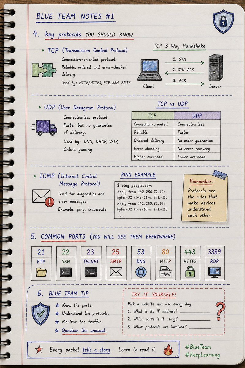 DDihris's tweet photo. Trying a new way to learn cybersecurity.

Instead of plain notes, I’m creating hand-drawn visual study pages.

Today’s topic:
🌐 Networking Fundamentals

Learning in public, one page at a time. 🛡️📒

#CyberSecurity #BlueTeam https://t.co/0Uo8jloDf8