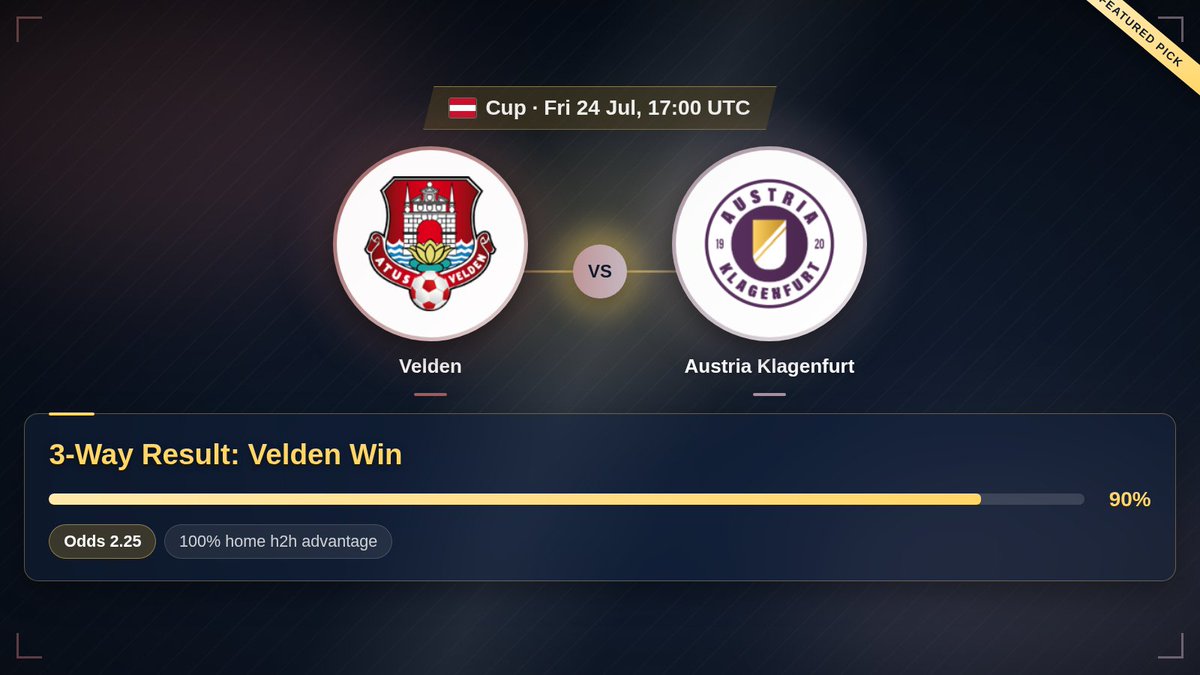 _smart_bets's tweet photo. ⚽ Velden vs Austria Klagenfurt (Cup, Austria)
📅 Fri, Jul 24 17:00 UTC
🏆 3-Way Result: Velden Win
📈 90% confidence | Odds 2.25
📊 100% home h2h advantage
🔗 More picks in bio
#Velden #AustriaKlagenfurt #Cup https://t.co/OXm2LezOQ8