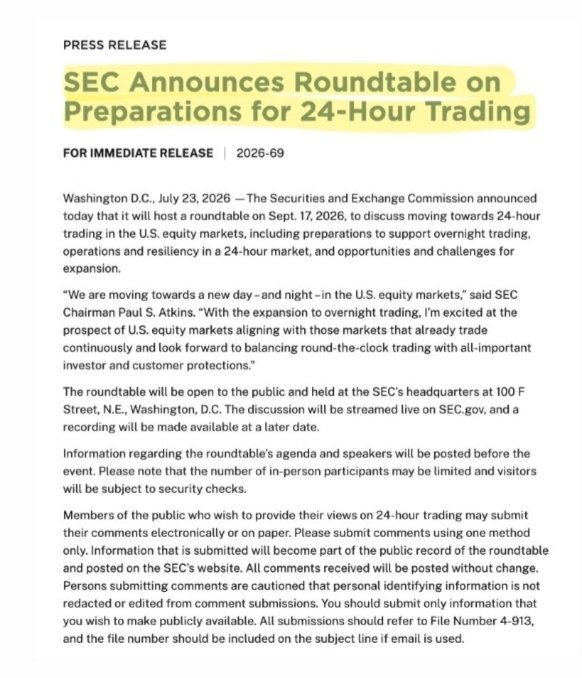 Bitcoinprof0637's tweet photo. 🇺🇸 The SEC is set to review progress toward 24/7 U.S. stock market trading on September 17.

If U.S. markets eventually move to around-the-clock trading, Bitcoin's 24/7 nature becomes less of an exception—and more of the blueprint.

Traditional finance is adapting to a model crypto has been proving for years.

Do you think 24/7 stock trading will accelerate institutional adoption of Bitcoin and crypto? 👀