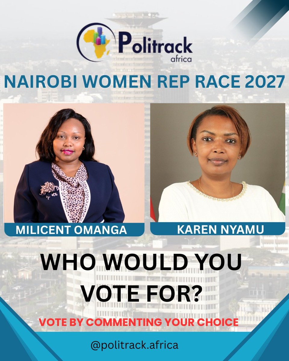 polytrackk's tweet photo. Nairobi Women Representative Race 2027
If the Nairobi Women Representative election were held today, who would get your vote?
🗳️ Millicent Omanga or Karen Nyamu?
Cast your vote by commenting with your preferred candidate below.👇 https://t.co/yXqgtsiTvE