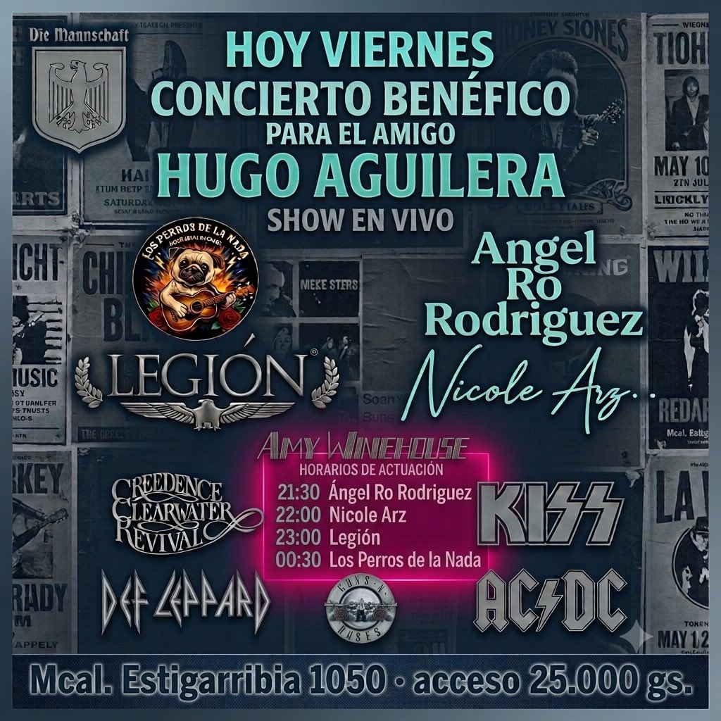 diemannschaftpy's tweet photo. HOOOOY VIERNES 24/07 HORARIOS ⏰ TRIBUTO a @amywinehouse @defleppard @kissonline #creedence @sodastereo @gunsnroses @acdcparaguay por @nicolearzoficial @legion_paraguay @angelrorodriguez @losperrosdelanada 🤘🏻🔥🔝 en el CENTRO.
Abrimos 16hs para el AFTER 🍻.
2x35 mil de Munich LT https://t.co/kWIo7NORqy