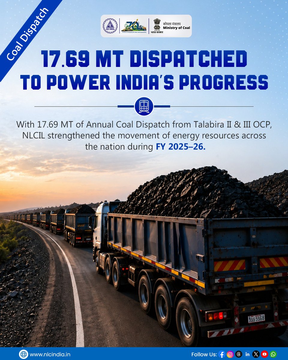 nlcindialimited's tweet photo. NLC India Limited recorded 17.69 MT of annual coal dispatch from Talabira II & III OCP during FY 2025–26, strengthening the movement of vital energy resources across the nation.
#NLCIL #NLCIndia #INLCILForTheSociety #NLCILForTheNation #MinistryOfCoal #CoalDispatch #Talabira https://t.co/vm7QCbukU4