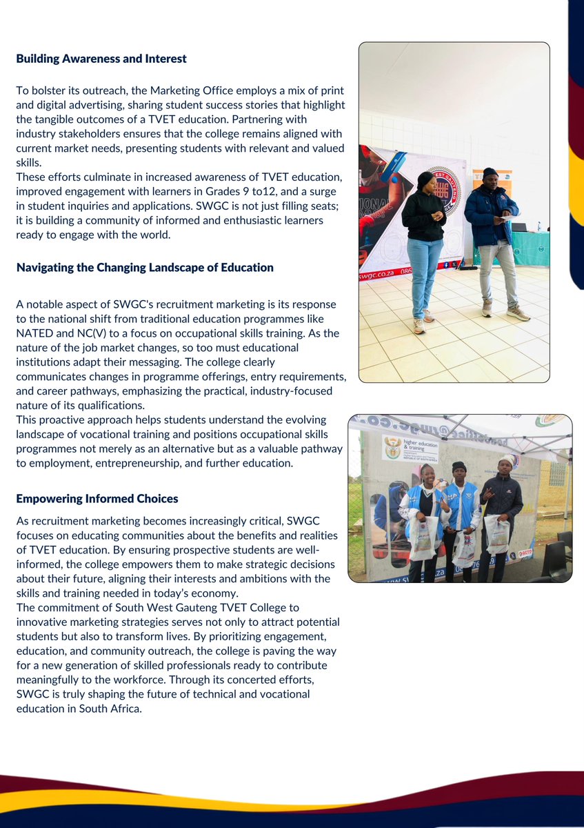 SWGCollege's tweet photo. SHAPING TOMORROW THROUGH TVET EDUCATION
Empowering futures, shaping careers!
At South West Gauteng TVET College, weโre building awareness, adapting to change, and guiding informed choices for tomorrowโs leaders. ๐ก๐
#SWGC
#SkillsForLife
#SWGCFutureReady https://t.co/wyxSNjphVq