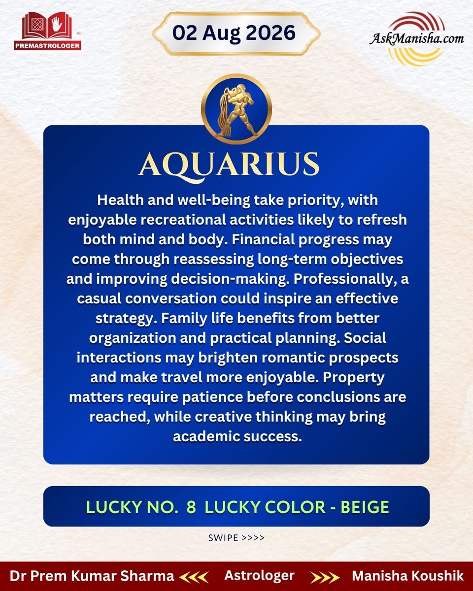 premastrologer's tweet photo. Daily Horoscope for 2nd Aug’ 2026
#Saggitarius #Capricorn #Aquarius #Pisces #Dailyhoroscope
To check your sign pls click the link below:
https://t.co/3bV9c0hu5v
For personal consultation at +919216141456 https://t.co/zJ1emJf97o