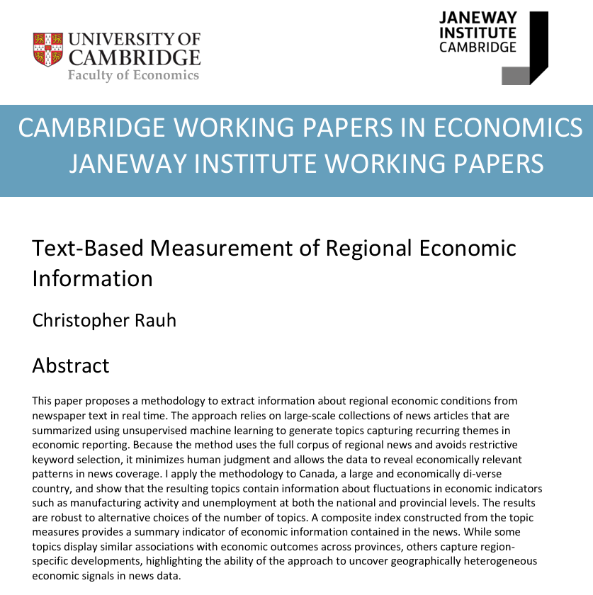 janewayinst's tweet photo. New JI Publication: Congratulations to Christopher Rauh @CamEcon on the acceptance of his paper for publication by @SpringerNature: 'Text-Based Measurement of Regional Economic Information'
➡️https://t.co/cBGYBjlehY
#econtwitter https://t.co/OiulFvCbkl