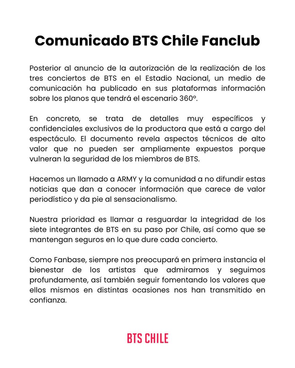 BTSOficialChile's tweet photo. Como comunidad, hacemos un llamado a ARMY a actuar con responsabilidad y evitar compartir o difundir información confidencial relacionada con los conciertos de BTS en Chile.

• No compartan capturas, enlaces o archivos relacionados.
• No comenten ni ayuden a viralizar este contenido.