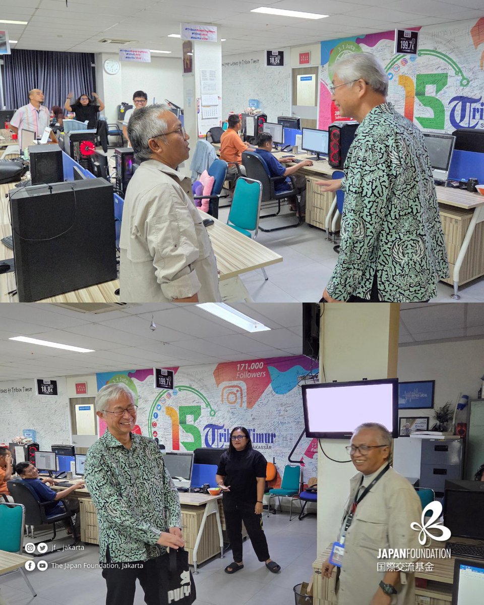 JF_Jakarta's tweet photo. Rabu, 22 Juli 2026 lalu, Director General The Japan Foundation, Jakarta, Bapak INAMI Kazumi berkesempatan mengunjungi kantor media Tribun Timur di Makassar untuk melakukan siniar dalam program "Tribun VIP".

Bapak INAMI disambut hangat oleh Pemimpin Redaksi Bapak Thamzil Thahir lalu diajak berkeliling kantor Tribun Timur. Bapak INAMI dan Bapak Thamzil berdiskusi beragam hal.

The Japan Foundation, Jakarta dan Tribun Timur sepakat untuk terus menjaga hubungan baik antara kedua organisasi sekaligus berkontribusi meningkatkan saling pengertian antara Indonesia dan Jepang.

#jfjakarta
#japanfoundation
#tribuntimur