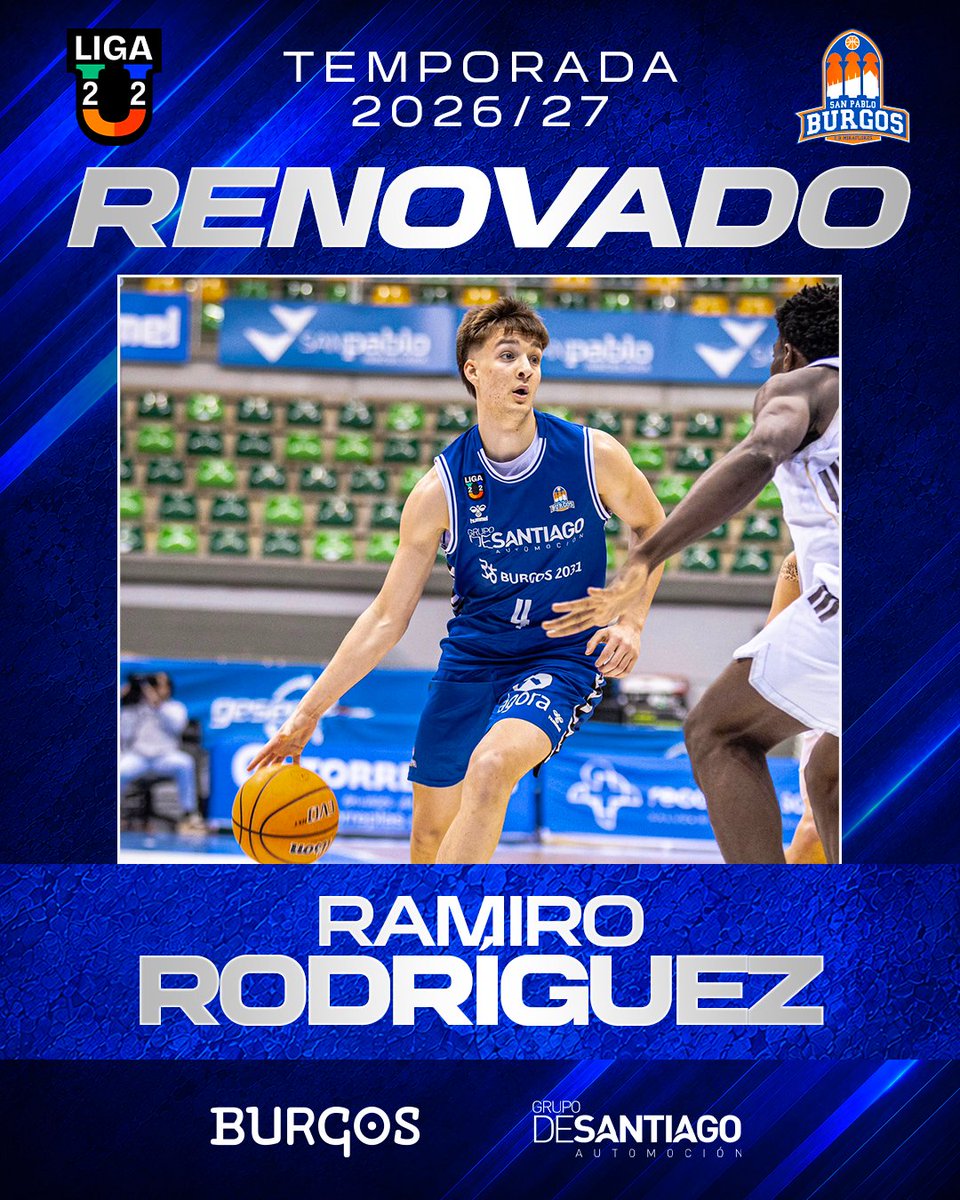 CanteraSPB's tweet photo. PROTAGONISTAS | Ramiro Rodríguez y Marcos Bella seguirán defendiendo los colores del Burgos Grupo de Santiago. 

El base argentino y el escolta riojano han sellado su renovación para la temporada 26/27. 𝐁𝐢𝐞𝐧𝐯𝐞𝐧𝐢𝐝𝐨𝐬 𝐝𝐞 𝐯𝐮𝐞𝐥𝐭𝐚 💙 

#LigaU https://t.co/UU1PyDigW6