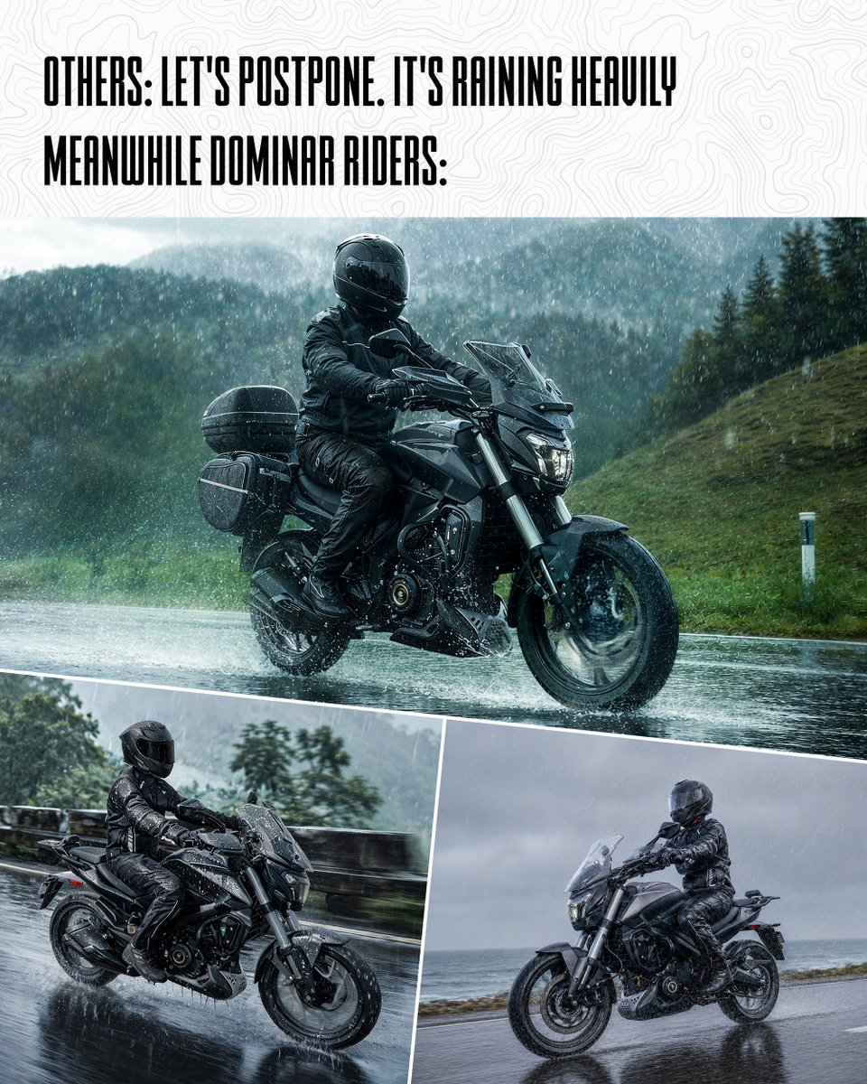 BajajDominar's tweet photo. Every rider has a favourite season. Ours begins when it starts to rain.

Tell us your favourite monsoon riding destination in the comments. 📍

#DominarRides #DontHoldBack #Dominar400 #Dominar250 https://t.co/Qpaf55LHRF