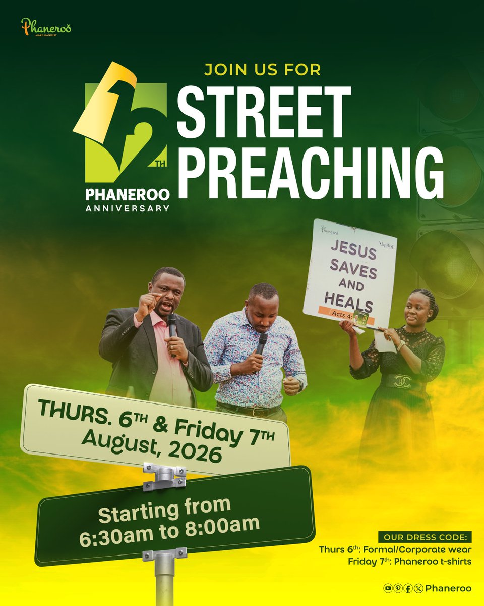 Phanerookampala's tweet photo. Join us for STREET PREACHING as we mobilise for the coming Phaneroo 12th Anniversary celebrations. 🎉

📅 Dates & Dress Code:
▪️ Thursday, 6th August – Formal/Corporate wear
▪️Friday, 7th August – Phaneroo branded shirts

🕡 6:30AM – 8:00AM

📝Please register via the link to confirm your participation;

https://t.co/Fwhmdp7L4P
 
#PhanerooAt12 | #ANewChapter