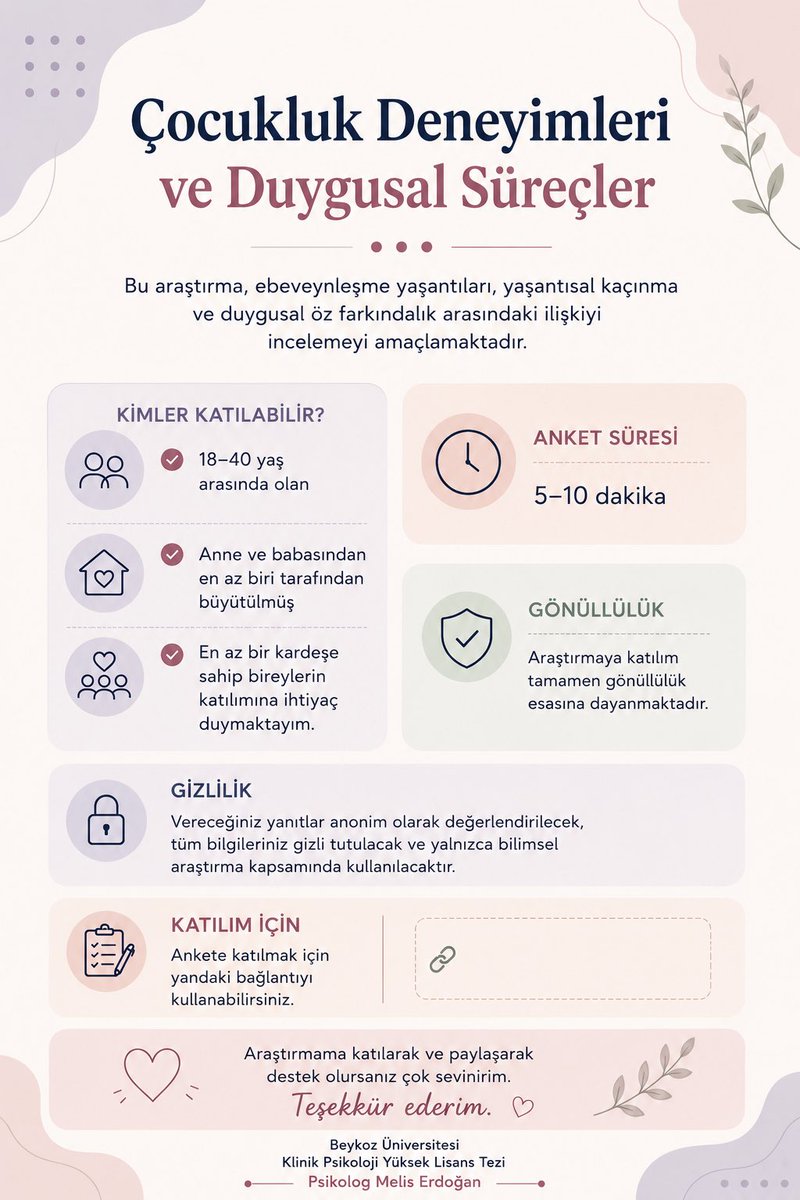 meliserdogann's tweet photo. Herkese merhaba,

Yüksek Lisans Programı kapsamında yürüttüğüm tez araştırmam için aşağıda yer alan kriterleri karşılıyorsanız katılarak destek olursanız çok sevinirim 🌷

🔗 Anket bağlantısı: https://t.co/xV1BtyInqU https://t.co/xIo5NHDD1R