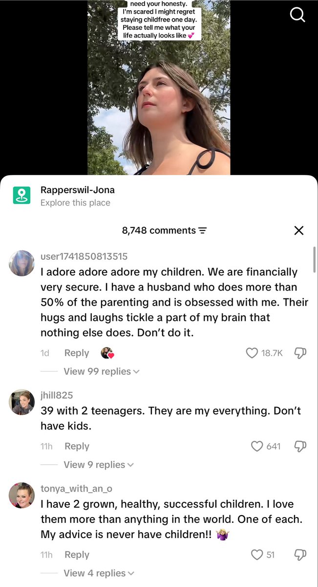 thegenesisbl0ck's tweet photo. The overwhelming majority of the comment section is women (mostly moms!) encouraging girls to stay child-free. It’s almost dystopian to see women so resentful of motherhood. I keep thinking about the young girls who’ll read this and absorb it as the smart and enlightened take. I probably would have.
