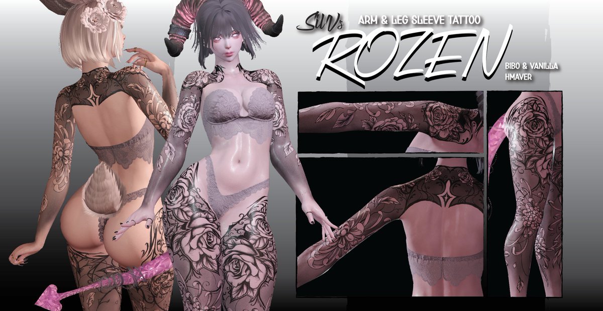silvtries's tweet photo. [Tattoo] Rozen Bibo
Gothic tattoo that covers the arms, legs and upper back.   

For all female bodies except hrothgar and lalafell 
https://t.co/vrCEfncNxp

Thanks @EilaXIV for the bodies ♥ https://t.co/r26neDtHwV