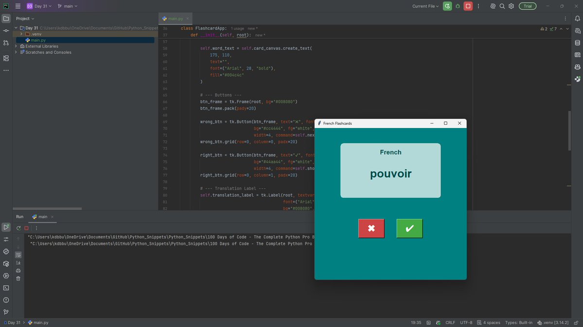 Ch4rtsW4tchKyl4's tweet photo. day 31 #100DaysOfCode Created a French Flashcards programme with the tkinter Module to display a GUI/Window. #FridayMemoryDrop #Programme #French https://t.co/vzGvwQwlQN